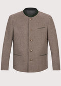 Men’s taupe wool alpine jacket with stand collar and metal buttons.