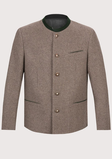 Men’s taupe wool alpine jacket with stand collar and metal buttons.