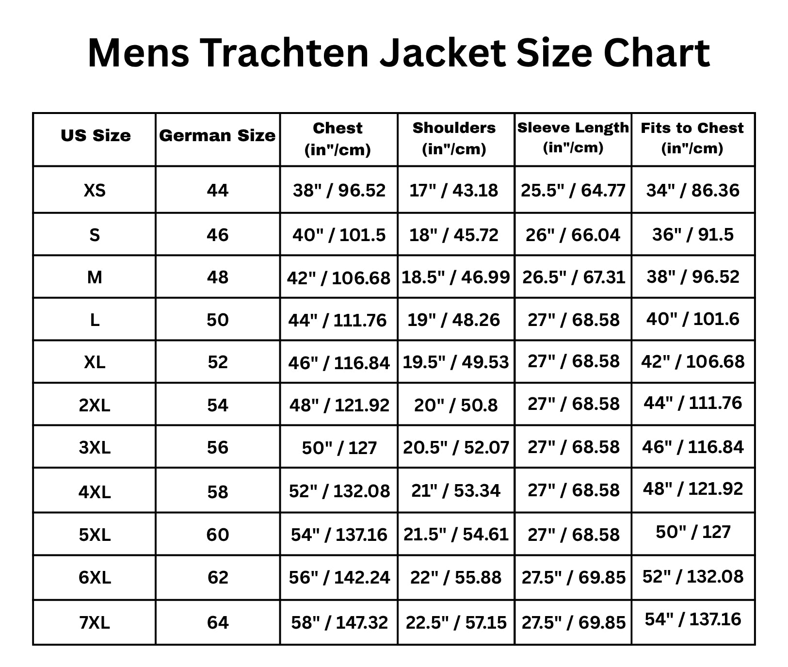 Size Chart for Traditional Oktoberfest Coat – Alpine Elegance