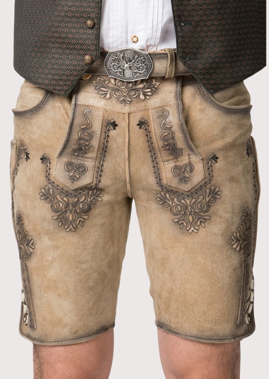 Authentic German Lederhosen for men, tailored for Oktoberfest celebrations. Premium leather, detailed embroidery, and comfortable fit for festive occasions.