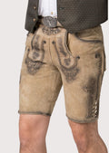 Classic Men’s Trachten Lederhosen featuring antique-style horn buttons, ideal for Oktoberfest and German festivals. High-quality leather with intricate stitching.