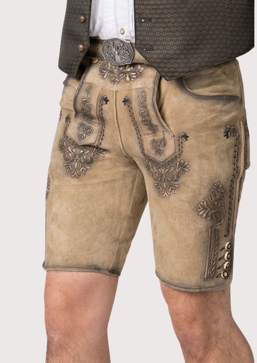 Classic Men’s Trachten Lederhosen featuring antique-style horn buttons, ideal for Oktoberfest and German festivals. High-quality leather with intricate stitching.