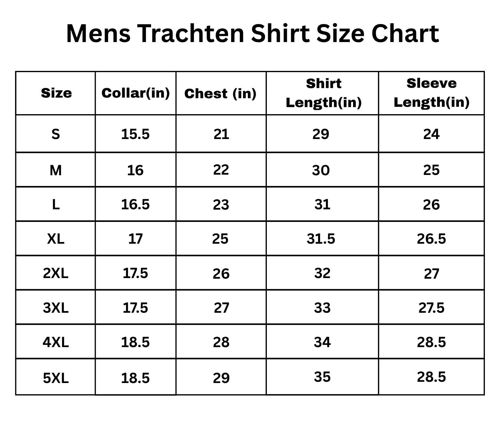 Size Chart for Classic Trachten Shirt for Men – Comfortable, Stylish Design