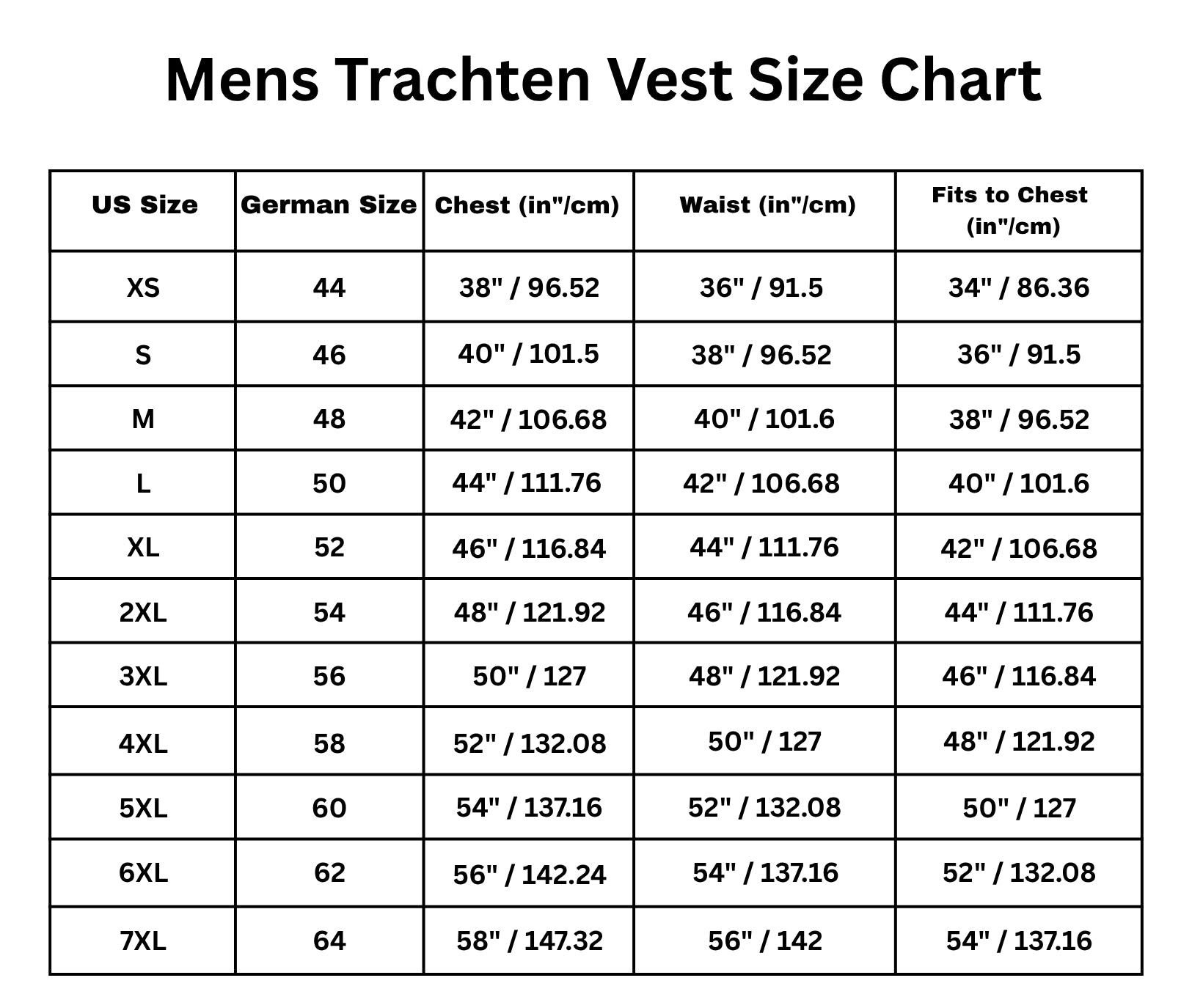 Size Chart for Premium Bavarian Vest – Classic Alpine Fashion for Men