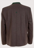 Traditional Bavarian brown wool jacket featuring a structured fit, green accents, front buttons, and alpine heritage style.