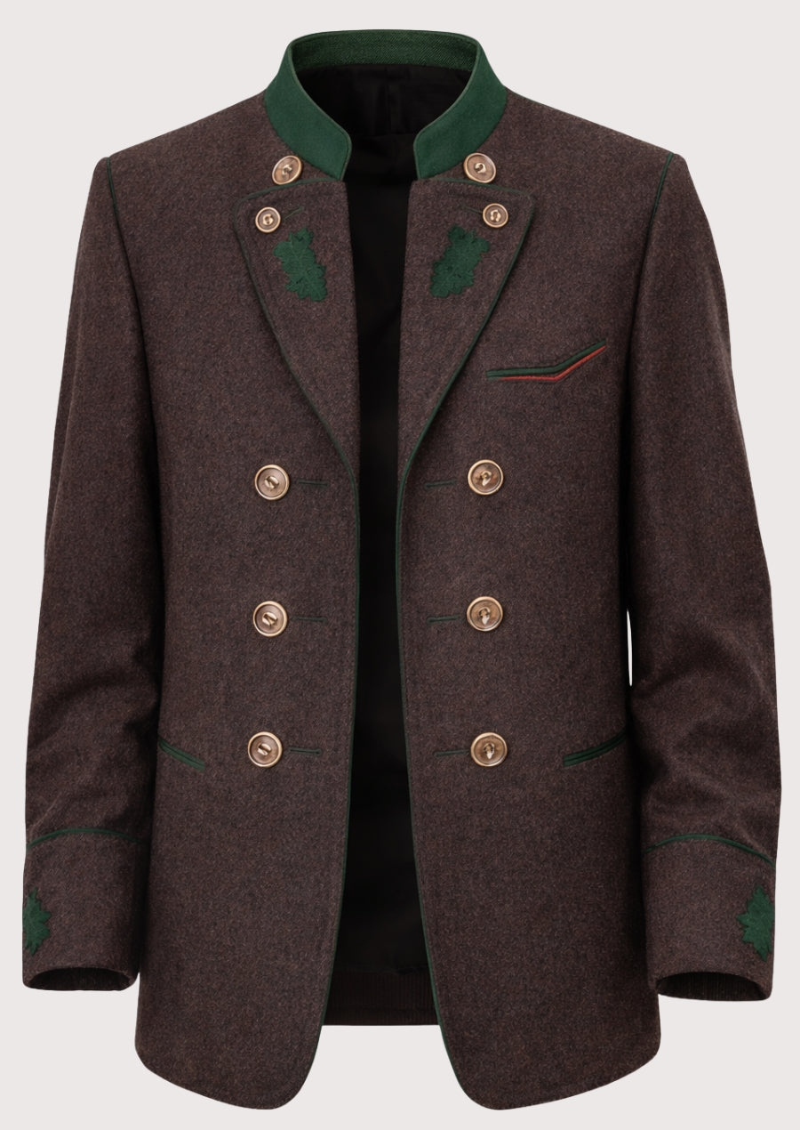 Brown Bavarian Trachten jacket with green collar trim
