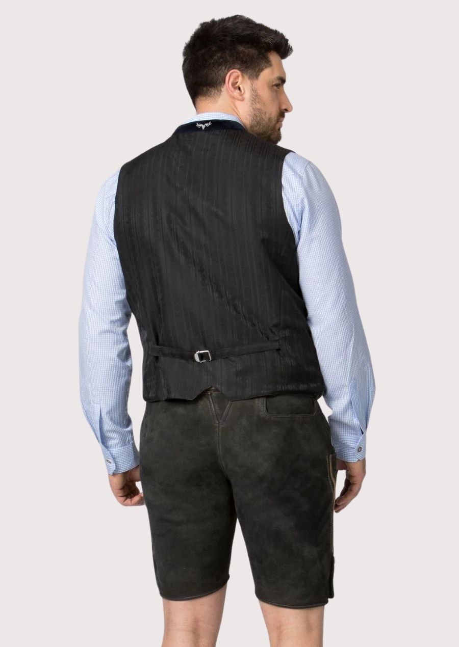 Traditional black lederhosen featuring decorative side embroidery and premium suede construction