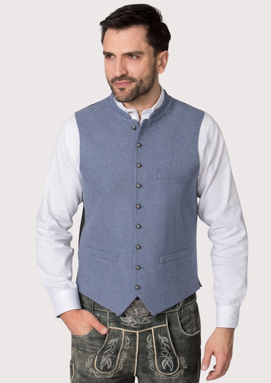Men's Traditional German Waistcoat – Blue Wool with Embroidered Collar for Oktoberfest
