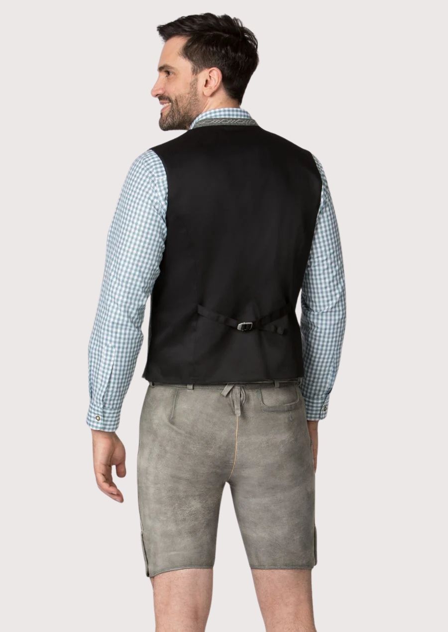 Traditional gray lederhosen featuring intricate tonal embroidery and heritage-inspired design