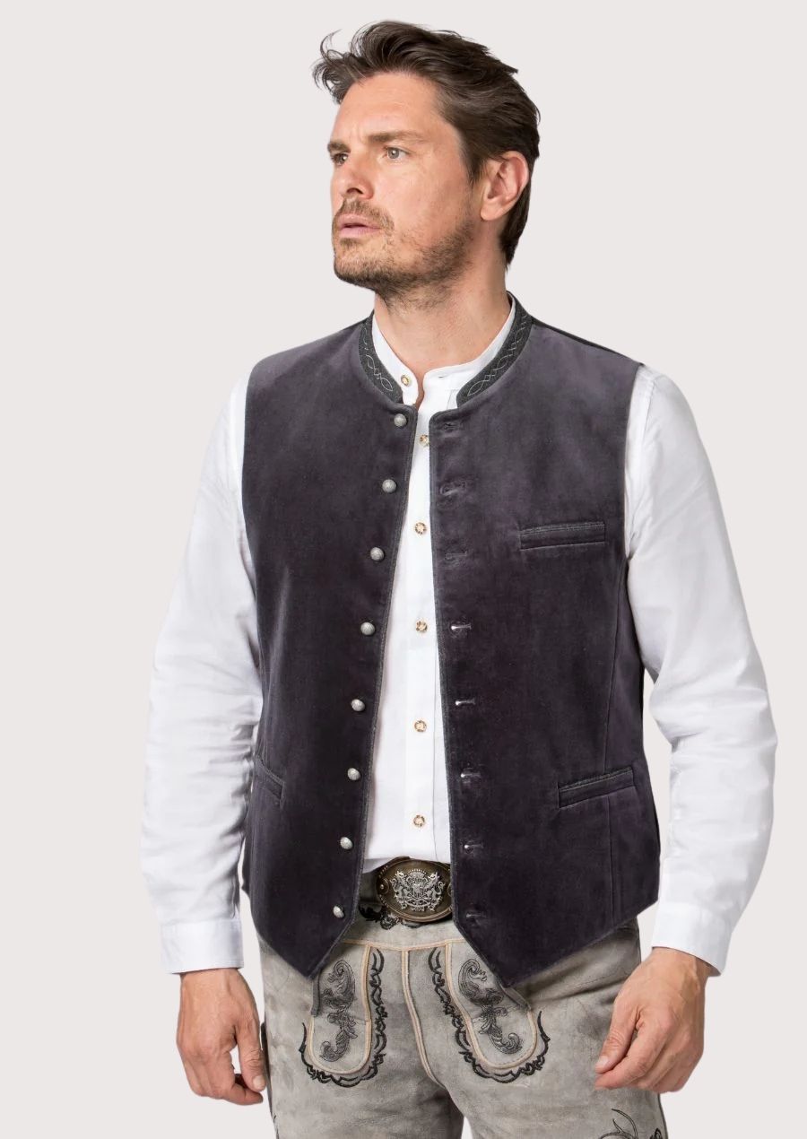 Grey Bavarian vest with silver buttons and traditional collar design