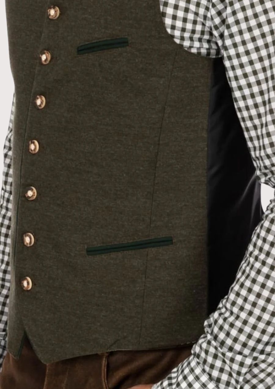 German-style formal vest paired with checkered shirt

