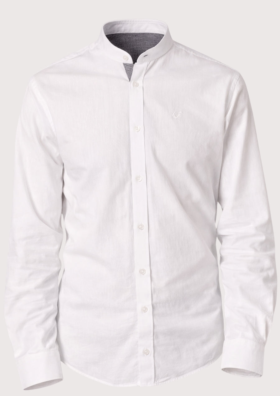 Men’s white band collar long sleeve cotton shirt