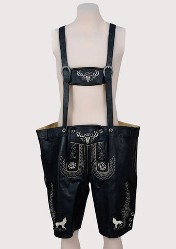 Midnight Lederhosen Wolf Embroidery with matching braces, decorative embroidery, and timeless German style