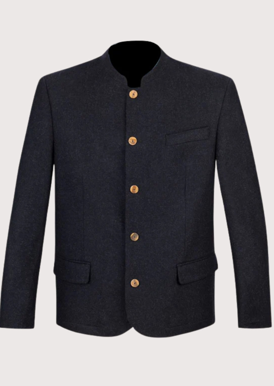 Midnight Loden Trachten Jacket Men with stand collar, premium wool blend fabric, traditional Bavarian jacket, Alpine formalwear, Oktoberfest clothing, German heritage fashion, tailored fit, and classic Austrian menswearblue wool alpine jacket with classic tailored fit.