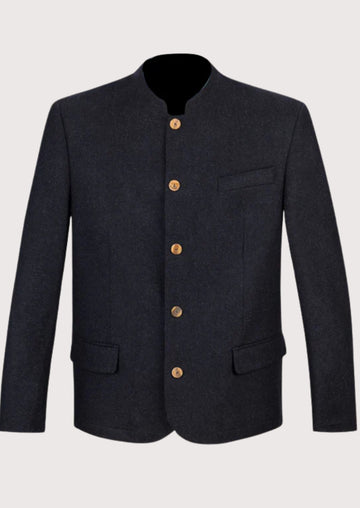 Midnight Loden Trachten Jacket Men with stand collar, premium wool blend fabric, traditional Bavarian jacket, Alpine formalwear, Oktoberfest clothing, German heritage fashion, tailored fit, and classic Austrian menswearblue wool alpine jacket with classic tailored fit.