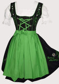 Green and black embroidered Dirndl dress for women with green apron, lace-up corset bodice, white puff sleeve blouse, traditional Bavarian Oktoberfest outfit, authentic German Alpine clothing.