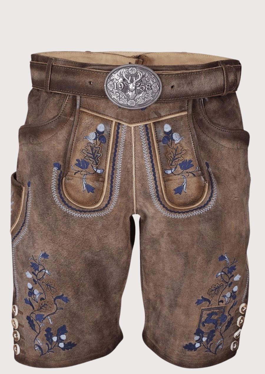 mocha suede lederhosen floral motif with elegant blue floral embroidery, decorative belt buckle, and Alpine character