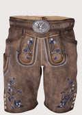 mocha suede lederhosen floral motif with elegant blue floral embroidery, decorative belt buckle, and Alpine character