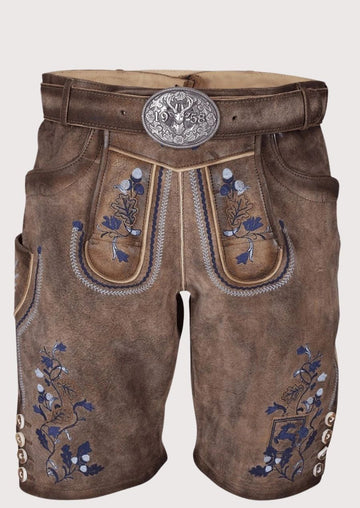 mocha suede lederhosen floral motif with elegant blue floral embroidery, decorative belt buckle, and Alpine character