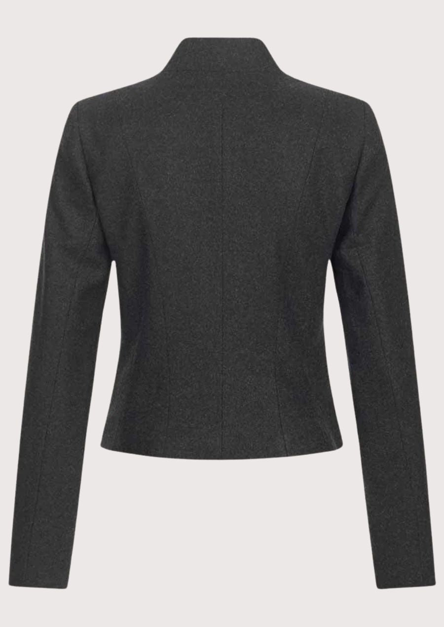 Slim fit women’s grey stand collar wool jacket.