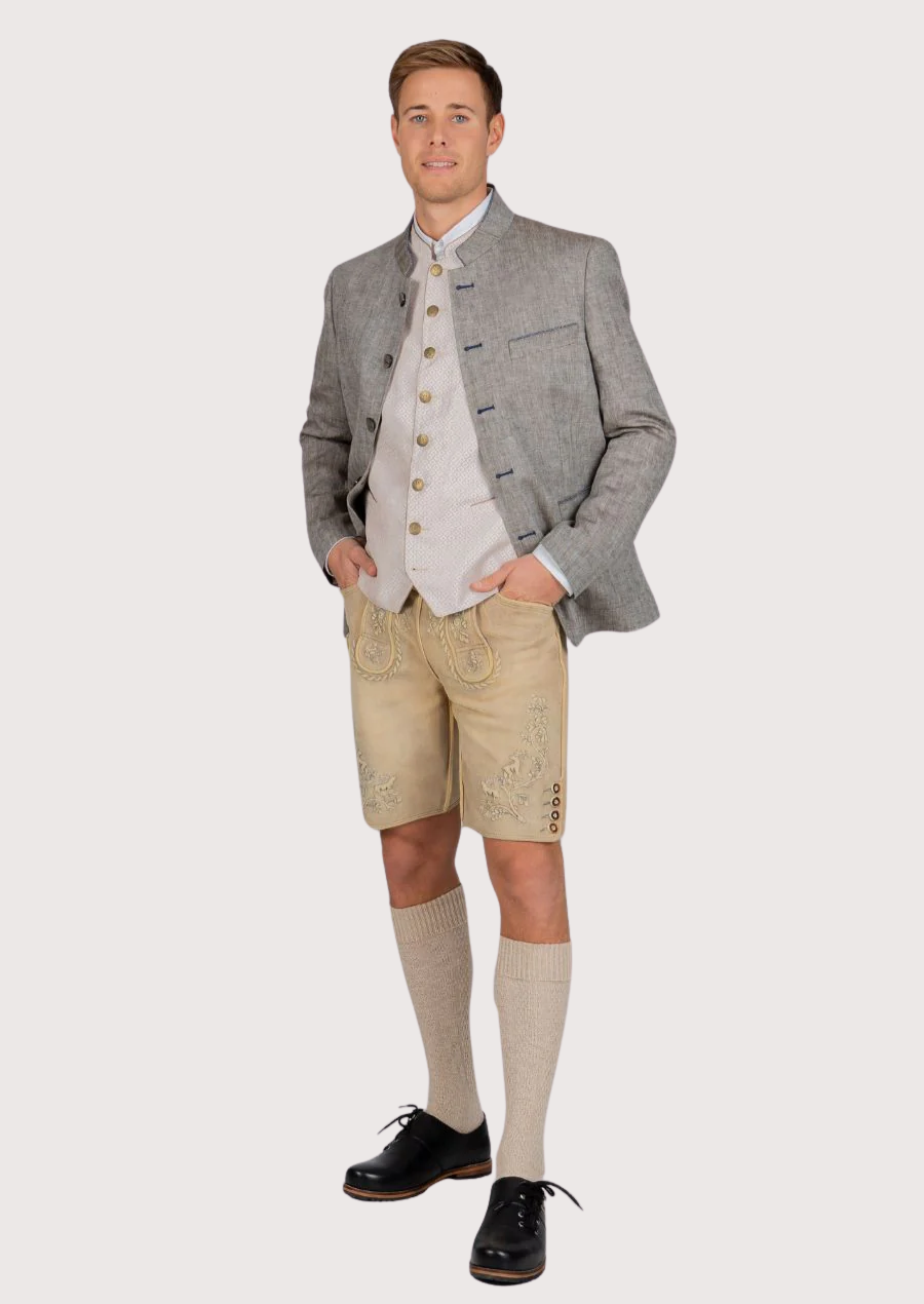Traditional German men’s wool jacket paired with lederhosen.