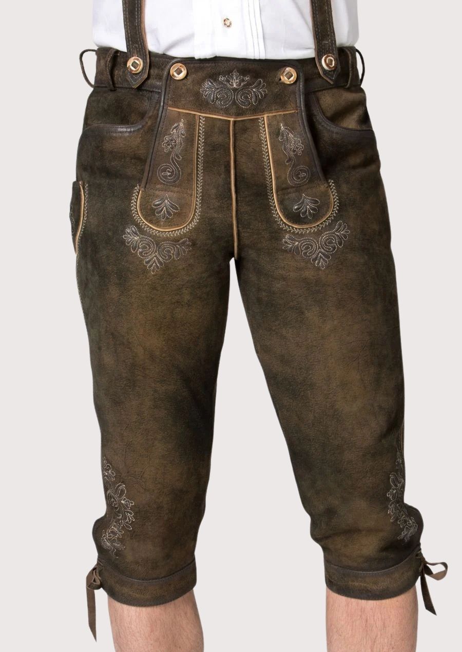 Men's Moss Brown Bundhosen Floral Trim with embroidered front flap, traditional Bavarian craftsmanship, Alpine heritage styling, and Oktoberfest appeal
