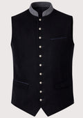 Navy Alpine Waistcoat Gray Trim for men with grey stand collar, silver buttons, premium Bavarian waistcoat, Oktoberfest clothing, traditional German Alpine fashion.