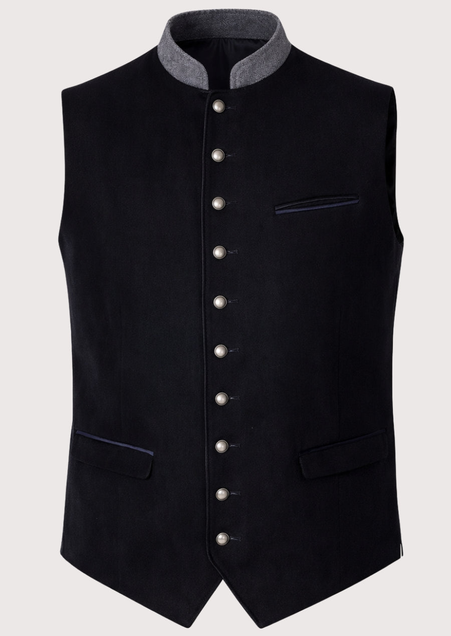 Navy Alpine Waistcoat Gray Trim for men with grey stand collar, silver buttons, premium Bavarian waistcoat, Oktoberfest clothing, traditional German Alpine fashion.