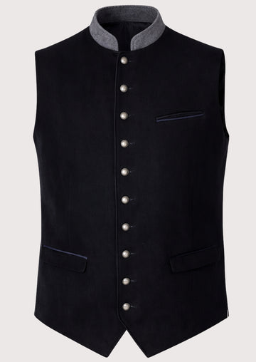 Navy Alpine Waistcoat Gray Trim for men with grey stand collar, silver buttons, premium Bavarian waistcoat, Oktoberfest clothing, traditional German Alpine fashion.
