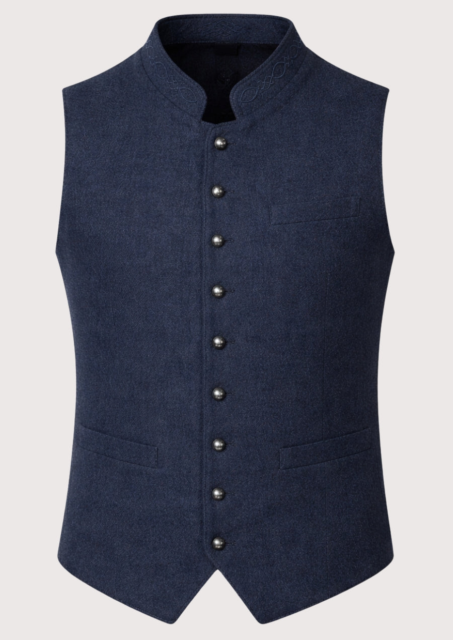 Navy alpine wool trachten vest for men with embroidered stand collar, Bavarian waistcoat, Oktoberfest vest, traditional German vest, Alpine heritage clothing, premium Trachten menswear.