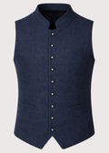 Navy alpine wool trachten vest for men with embroidered stand collar, Bavarian waistcoat, Oktoberfest vest, traditional German vest, Alpine heritage clothing, premium Trachten menswear.