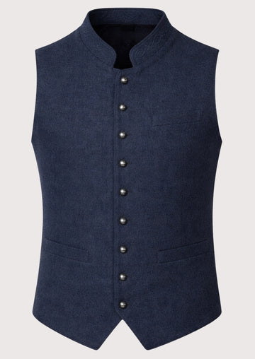 Navy alpine wool trachten vest for men with embroidered stand collar, Bavarian waistcoat, Oktoberfest vest, traditional German vest, Alpine heritage clothing, premium Trachten menswear.
