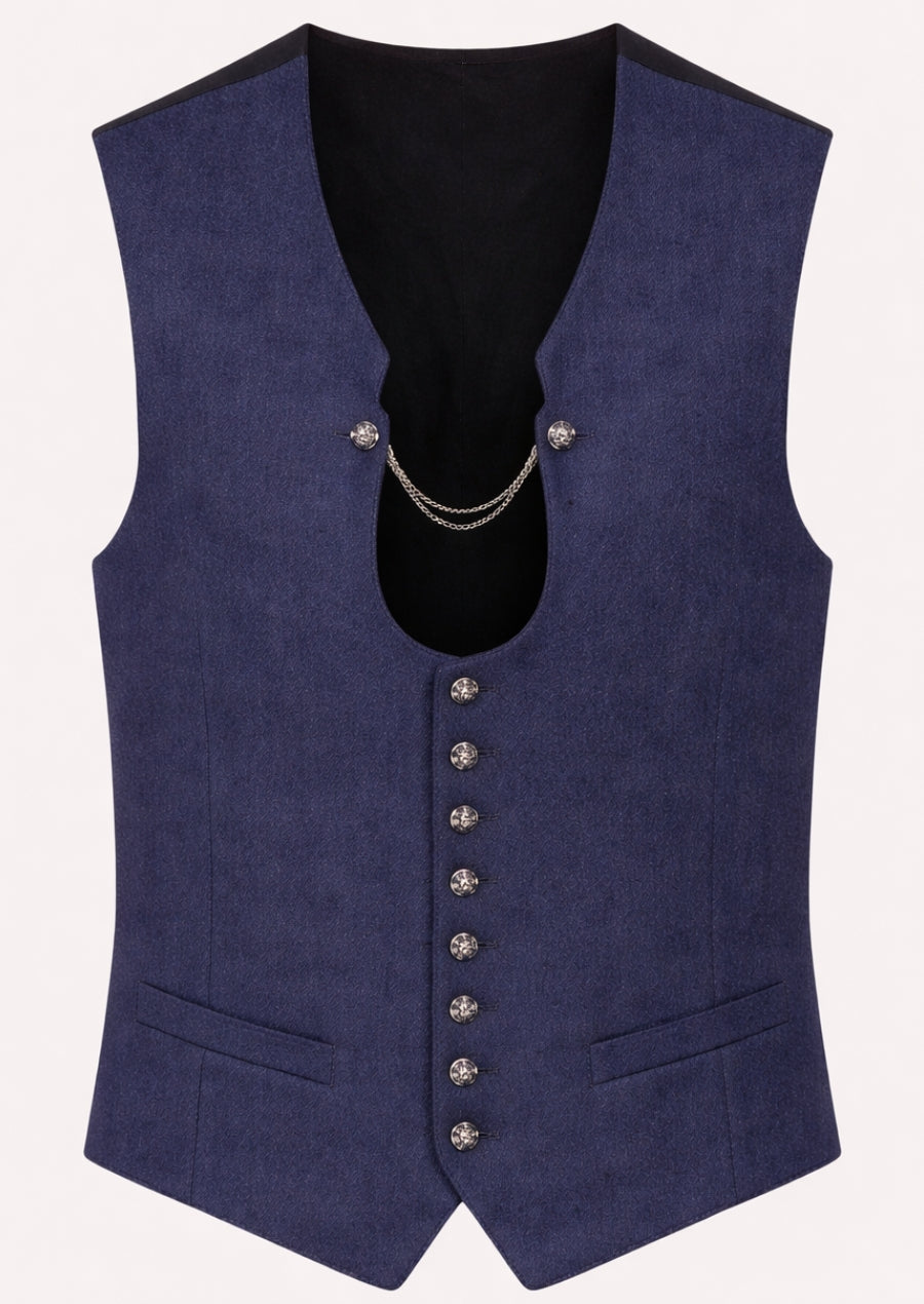 Navy Alpine Wool Waistcoat Chain with decorative silver chain, traditional Bavarian waistcoat, Oktoberfest vest, Alpine folk clothing, button-front design, premium German menswear.