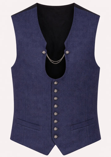 Navy Alpine Wool Waistcoat Chain with decorative silver chain, traditional Bavarian waistcoat, Oktoberfest vest, Alpine folk clothing, button-front design, premium German menswear.