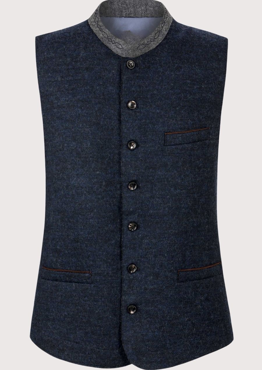 Navy Alpine wool waistcoat with stand collar and buttons