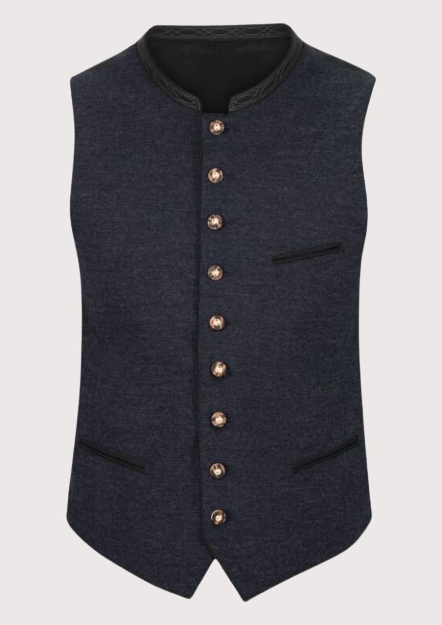 Navy Bavarian wool vest blue trim for men with stand collar, decorative metal buttons, blue checkered shirt, premium Bavarian waistcoat, traditional German Oktoberfest clothing.