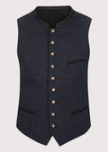 Navy Bavarian wool vest blue trim for men with stand collar, decorative metal buttons, blue checkered shirt, premium Bavarian waistcoat, traditional German Oktoberfest clothing.