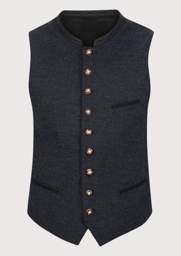 Navy Bavarian wool vest blue trim for men with stand collar, decorative metal buttons, blue checkered shirt, premium Bavarian waistcoat, traditional German Oktoberfest clothing.