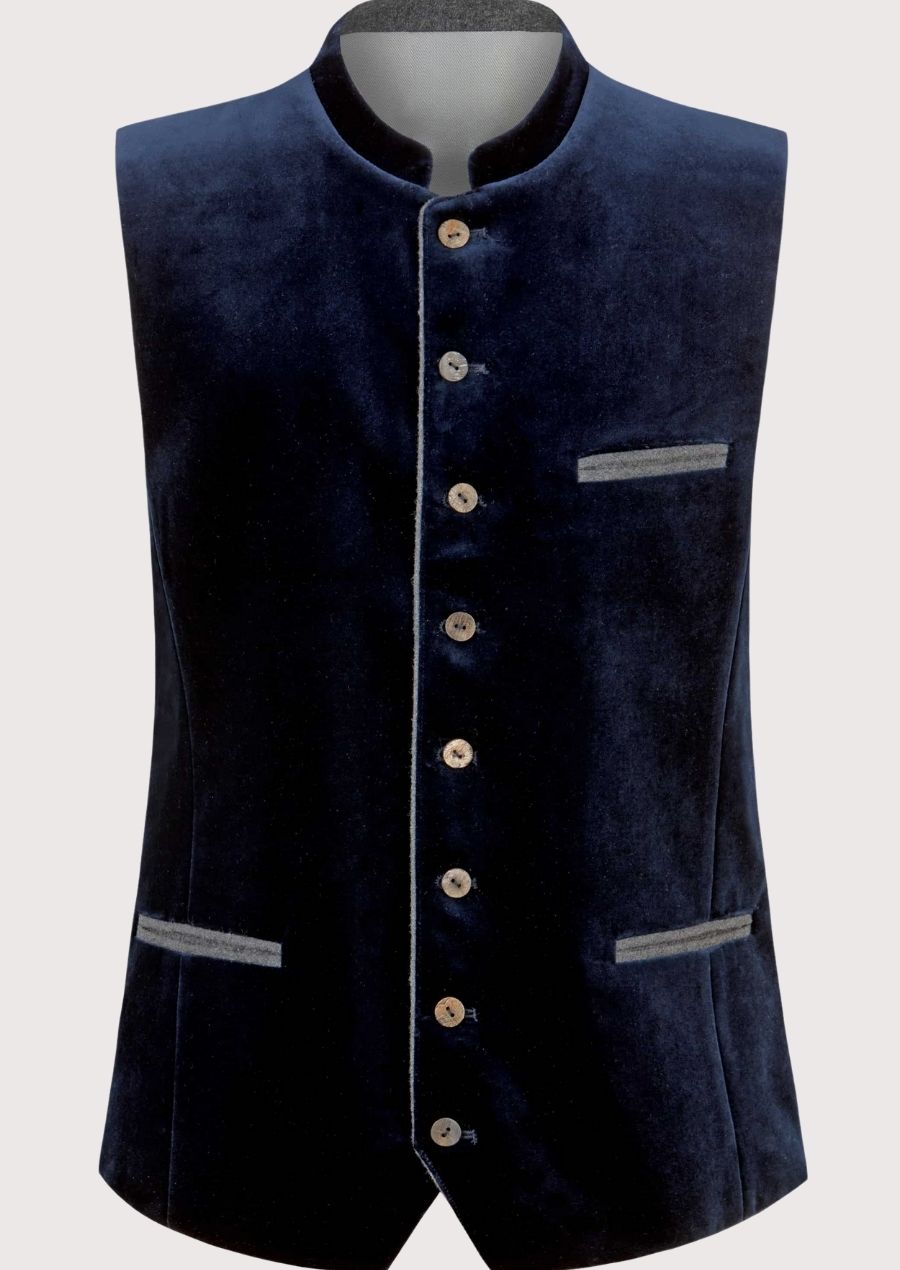 Navy blue Trachten waistcoat with stand collar and button front