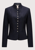 Women's navy wool Trachten jacket with stand-up collar, decorative silver buttons, tailored Bavarian blazer, premium Alpine heritage outerwear for Oktoberfest and traditional German fashion.