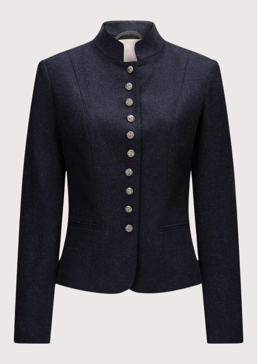 Women's navy wool Trachten jacket with stand-up collar, decorative silver buttons, tailored Bavarian blazer, premium Alpine heritage outerwear for Oktoberfest and traditional German fashion.