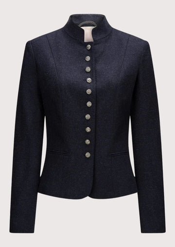 Women's navy wool Trachten jacket with stand-up collar, decorative silver buttons, tailored Bavarian blazer, premium Alpine heritage outerwear for Oktoberfest and traditional German fashion.
