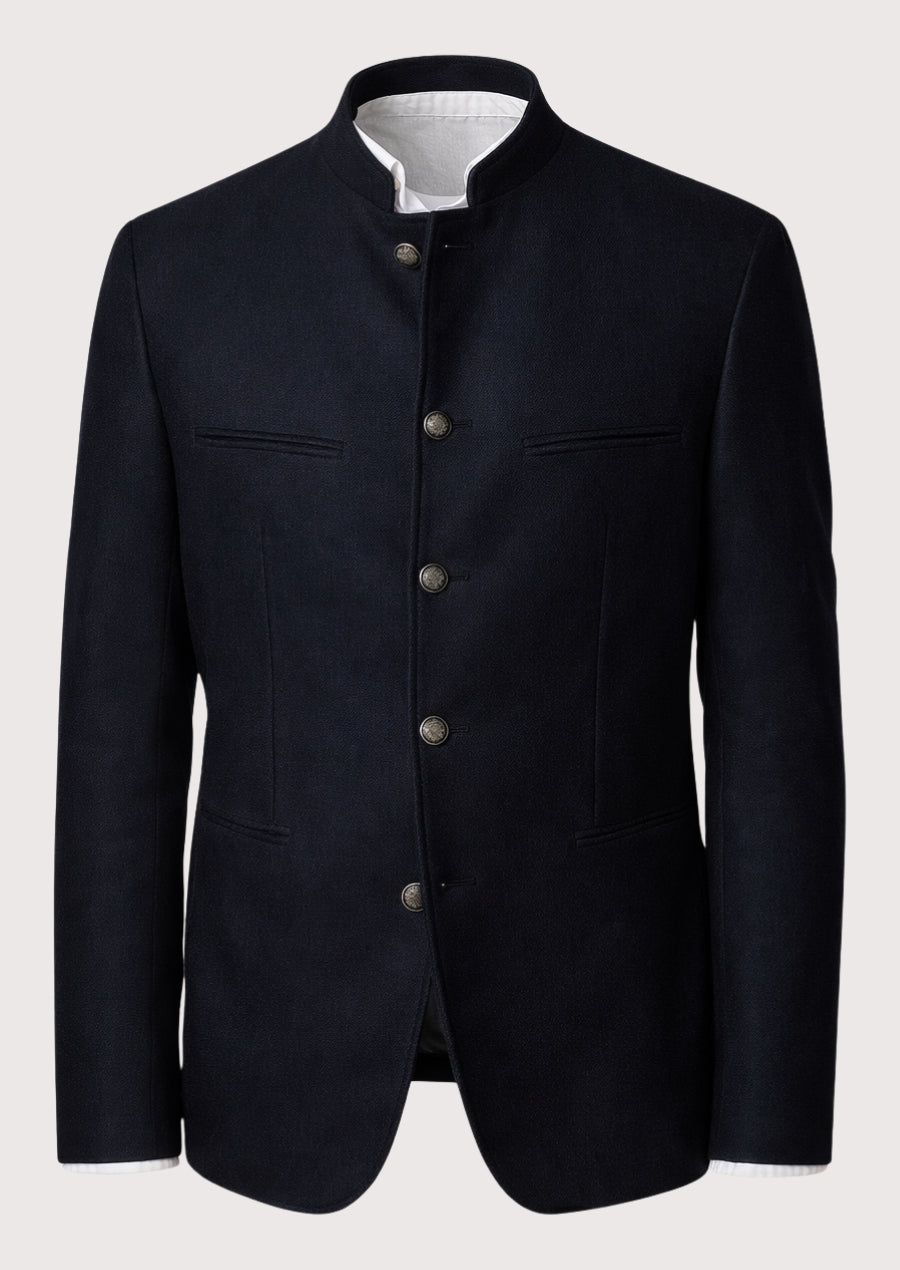 Men's Navy Trachten Jacket Midnight Blue with stand collar, traditional Bavarian blazer, German heritage coat, Alpine formalwear, Oktoberfest jacket, tailored Trachten fashion, premium men's jacket, and authentic Bavarian clothing