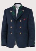 Navy Trachten jacket featuring green embroidery, double-breasted buttons, stand collar, and traditional Bavarian styling.