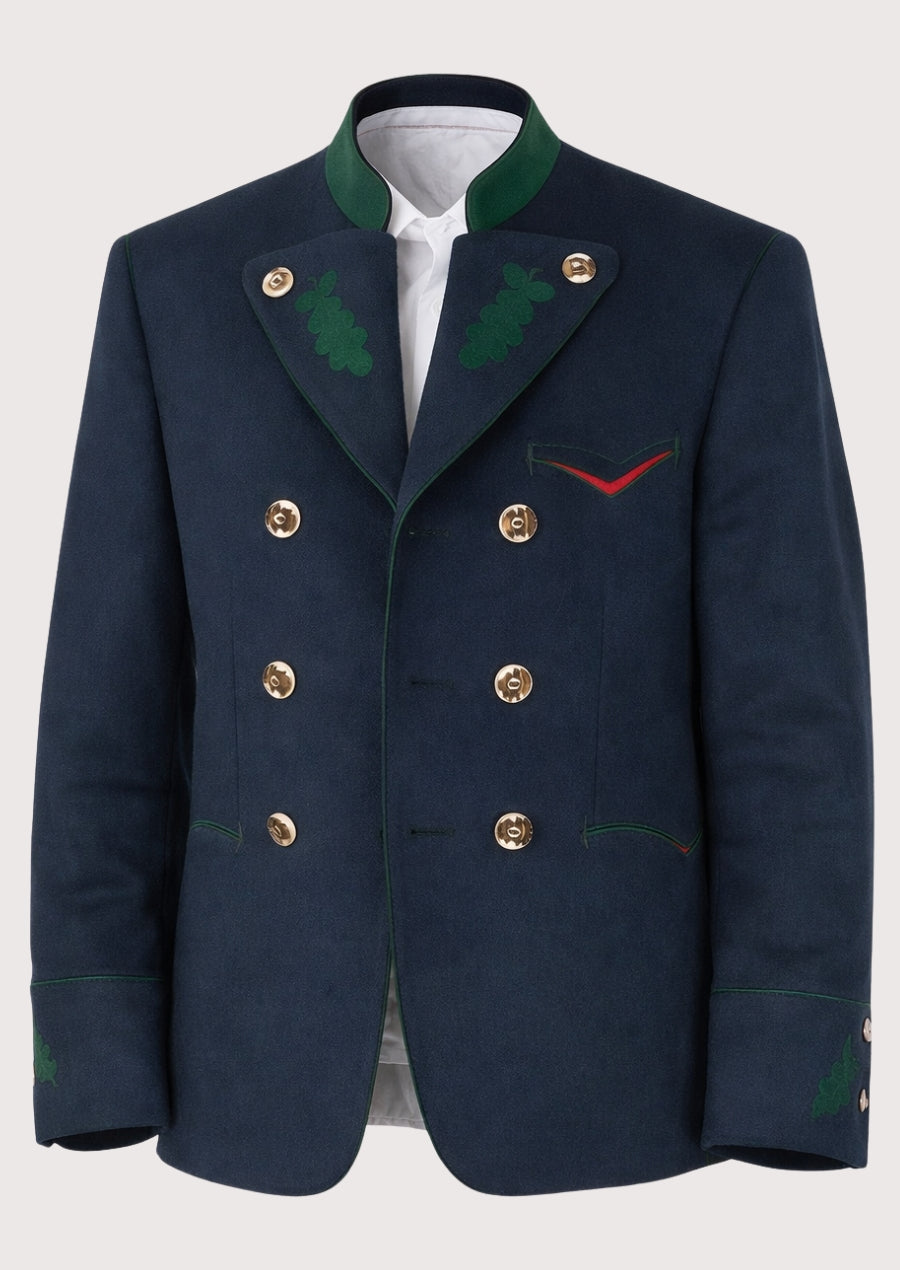 Navy Trachten jacket featuring green embroidery, double-breasted buttons, stand collar, and traditional Bavarian styling.