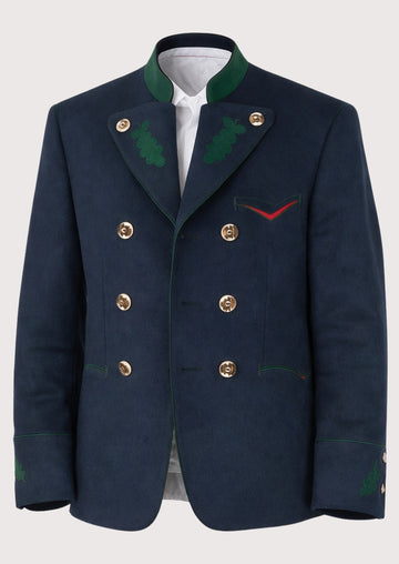 Navy Trachten jacket featuring green embroidery, double-breasted buttons, stand collar, and traditional Bavarian styling.