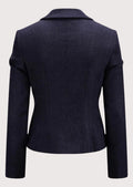 Navy women’s alpine blazer with tailored waist and decorative metal buttons.