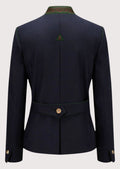 Navy women’s alpine jacket with green piping and decorative buttons.