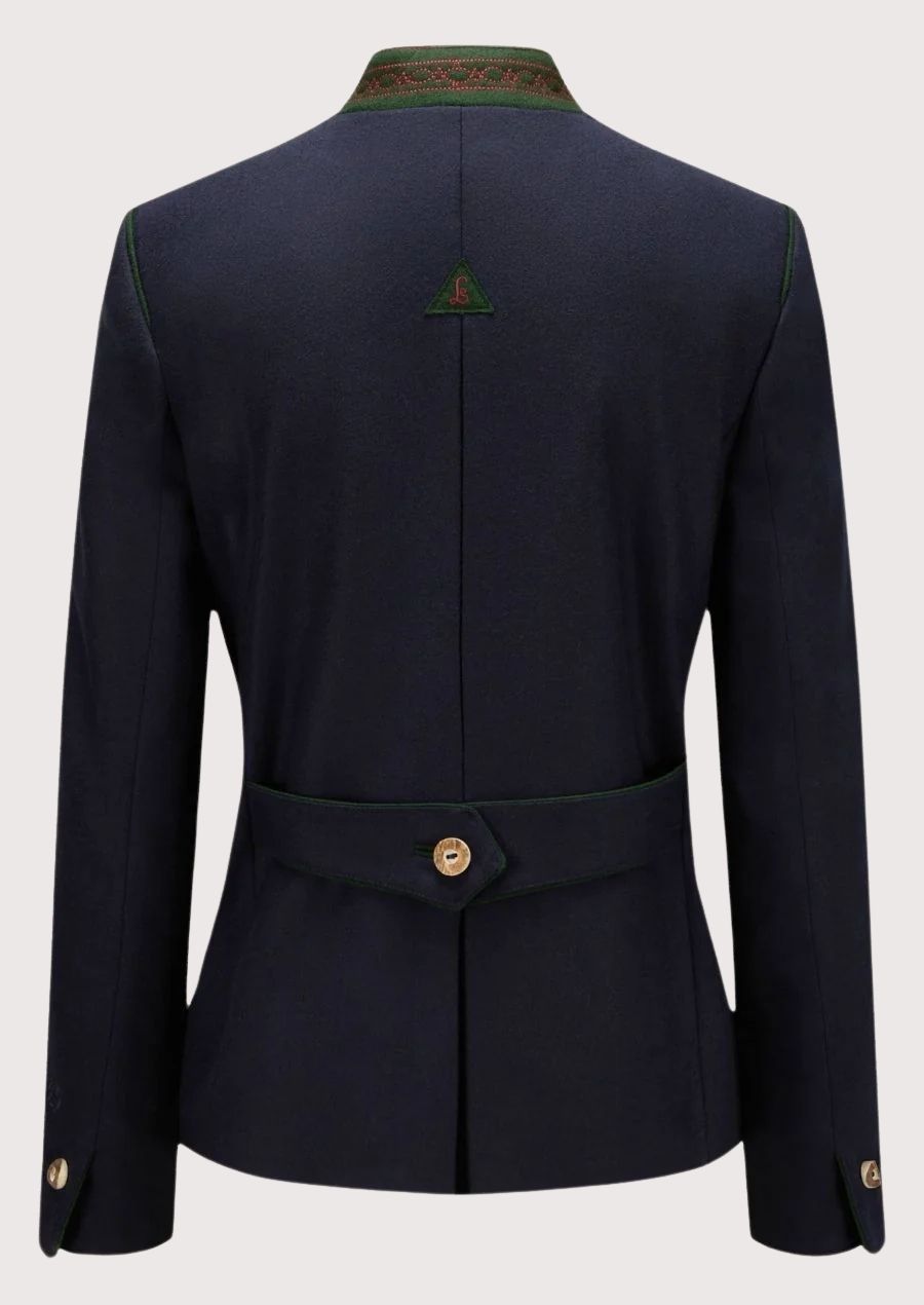 Navy women’s alpine jacket with green piping and decorative buttons.