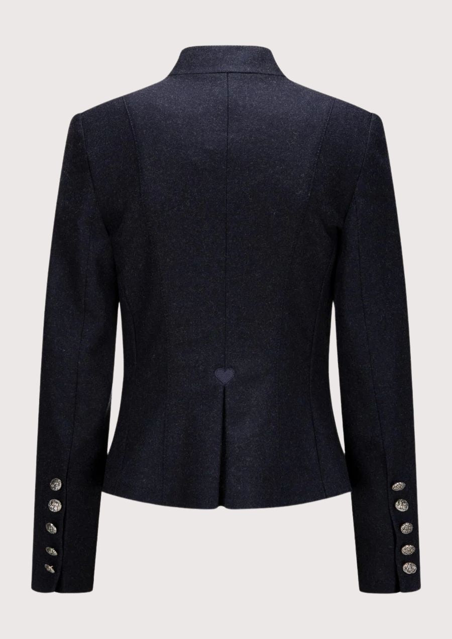 Navy women’s trachten jacket with stand collar and traditional silver buttons.